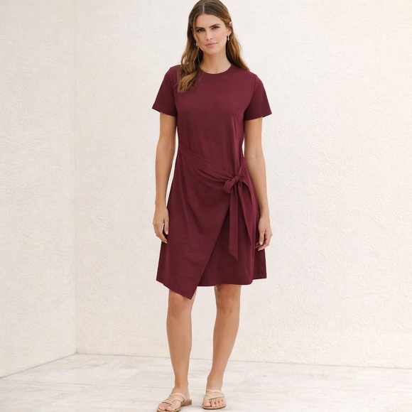 Anthropologie Dresses & Skirts - DOLAN Anthropologie Draped Mini Dress SMALL Tie‎ Waist Cotton Burgundy T-Shirt